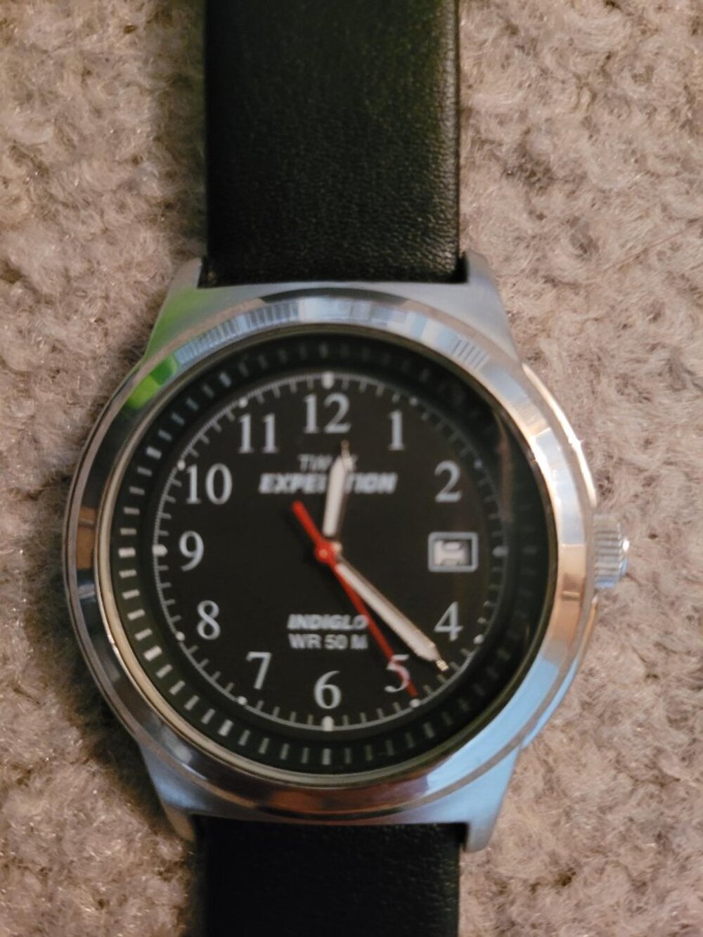 Like-new Timex Expedition watch with Indiglo backlight, black leather band